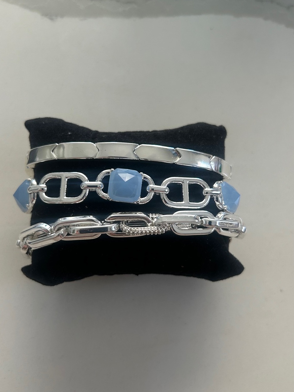 Bomb Party Silver Tone Chain Bracelet Set with Light Blue Gem Accents NEW No Box